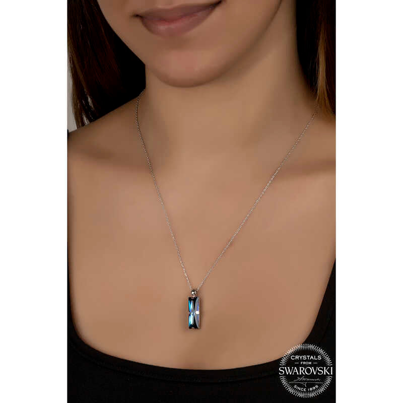 Silver Baguette Necklace with Blue Swarovski Crystal