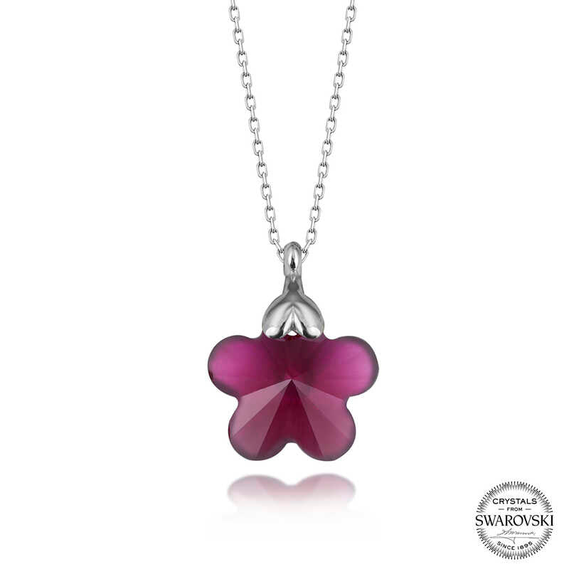 Silver Daisy Necklace with Fuchsia Swarovski Crystals for Women