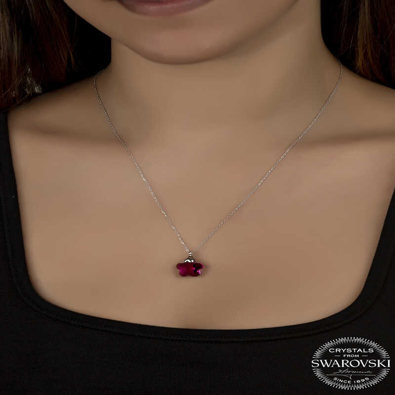 Silver Daisy Necklace with Fuchsia Swarovski Crystals for Women