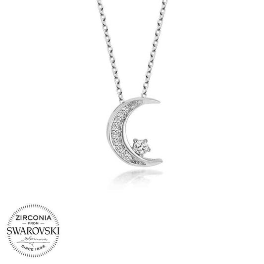 Silver Crescent and Star Necklace with Swarovski Crystals