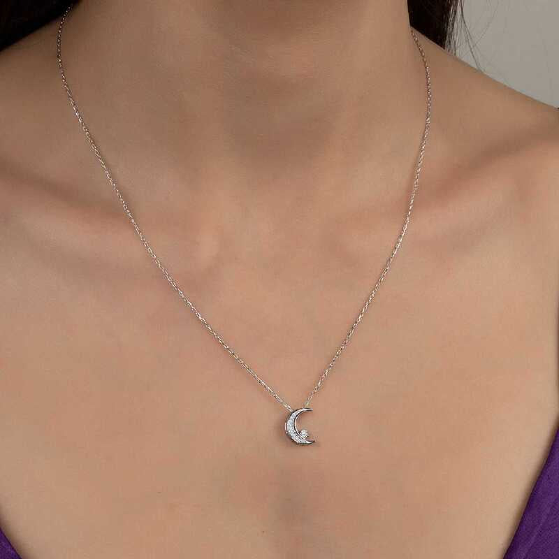 Silver Crescent and Star Necklace with Swarovski Crystals