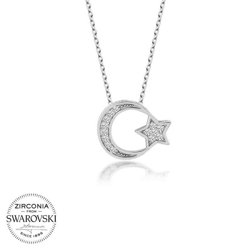 Silver Crescent and Star Necklace