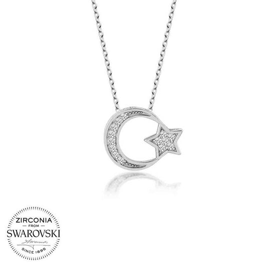 Silver Crescent and Star Necklace