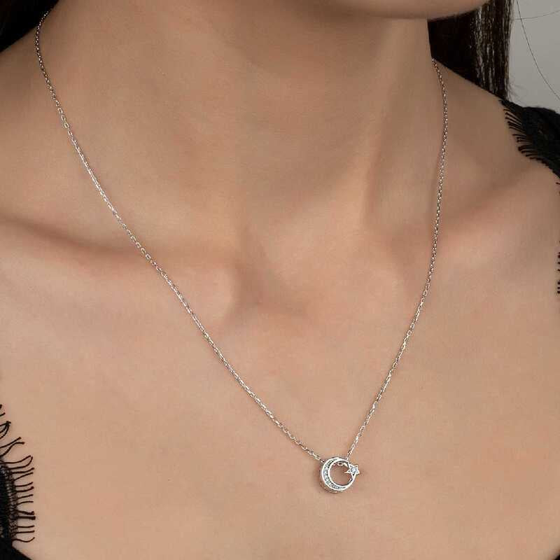 Silver Crescent and Star Necklace